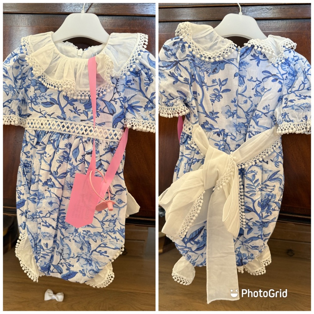 Petite Maison Jaylin Blue and White Floral Linen Romper 9m NWT